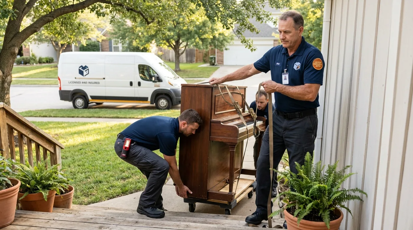 Licensed piano movers securing grand piano in Ottawa, OH