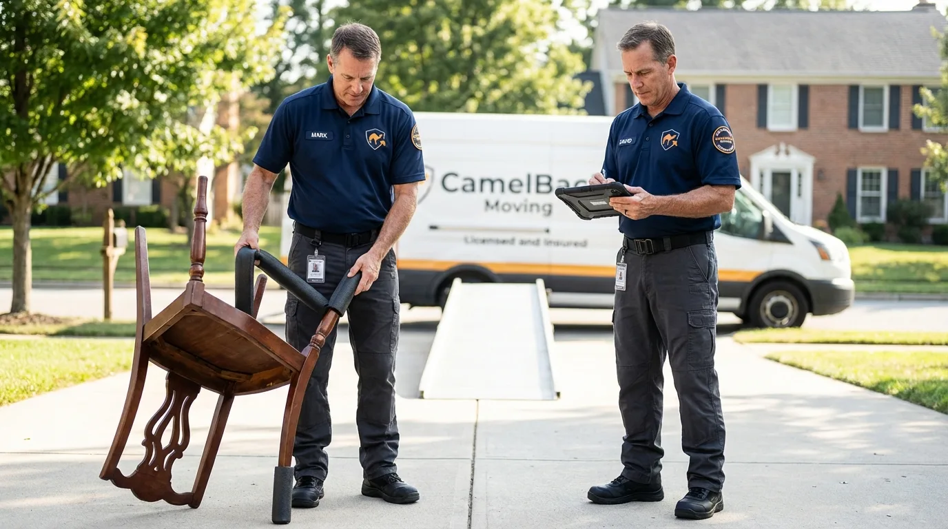 Movers inspecting furniture for damage prevention before loading in Ottawa, OH
